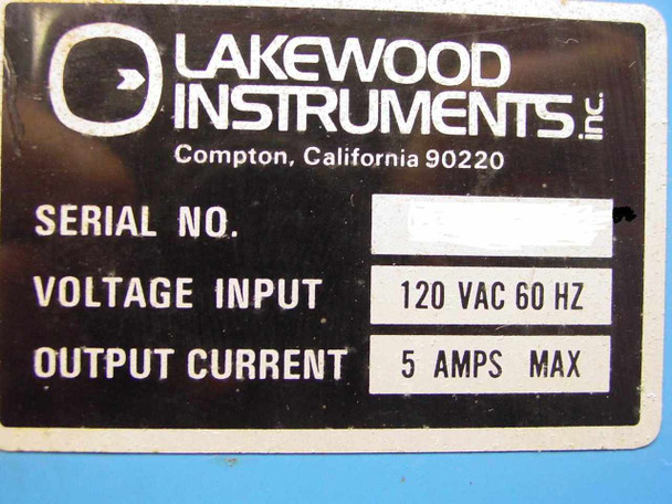Lakewood Instruments Inc. nameplate label showing brand name, Compton California 90220, Voltage Input 120 VAC 60 Hz, Output Current 5 Amps Max