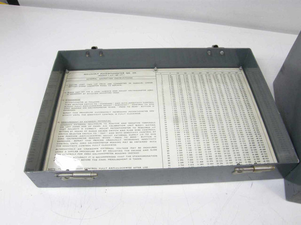 Duran QD255 potentiometer case lid interior showing laminated general operating instructions and reference data table