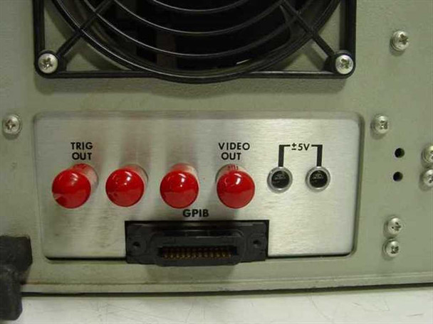Rear panel close-up showing TRIG OUT, VIDEO OUT, and GPIB connector labels clearly with three red BNC and one red BNC outputs