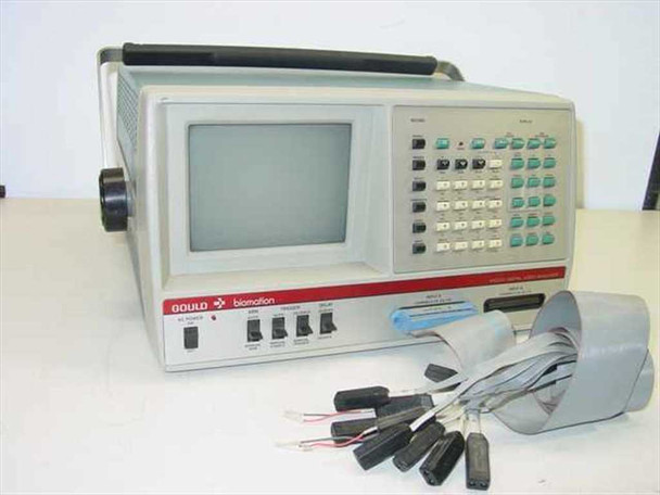 Gould Biomation K100D Digital Logic Analyzer front 3/4 view with CRT display, front-panel controls, carry handle, and probe set with IC clip leads laid out to the right