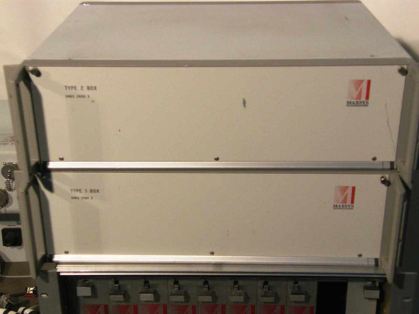 Maxsys Technologies Type 2 Box and Type 1 Box rackmount units stacked in cabinet — Maxsys logo visible on both faceplates