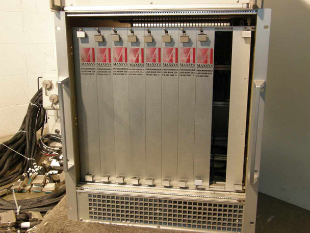 Maxsys VSX 465 main chassis — open cabinet showing eight Maxsys Programmable Load Bank CCA P/N 465-1082 modules inserted in card cage, Maxsys Advanced Systems Group labels visible