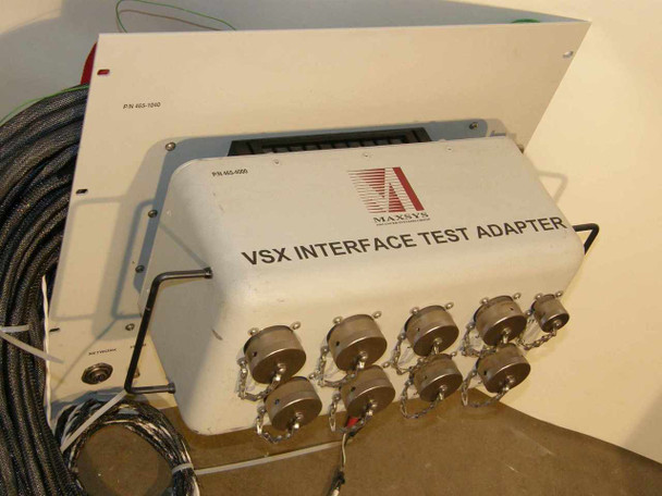 Maxsys VSX Interface Test Adapter — P/N 465-1040 and P/N 465-4000 labels visible on top of unit, Maxsys branding, VSX INTERFACE TEST ADAPTER nameplate, 8 rotary connectors on front