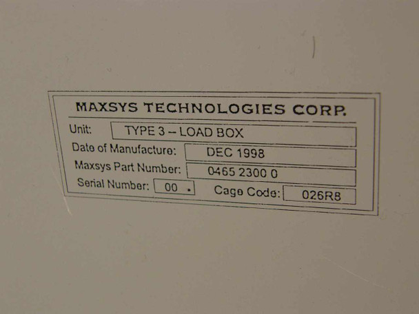Maxsys Technologies Corp. data plate — TYPE 3 LOAD BOX, Date of Manufacture DEC 1998, Maxsys Part Number 0465 2300 0, Serial Number 001, Cage Code 026R8