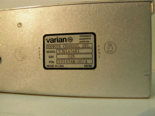 Varian VJW1454R1 Remote Channel Selector – bottom label showing model VJW1454R1, S/N 026, P/N 01014548-00/A, Made in USA