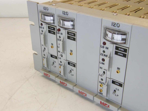 Close-up of Metraplex 120-series slide-in module front panels showing analog meters, LO IN, ZERO, LIM indicators, CA LP switches, and frequency labels including 14.5 kHz, 145 kHz, 220 Hz, and 4 kHz