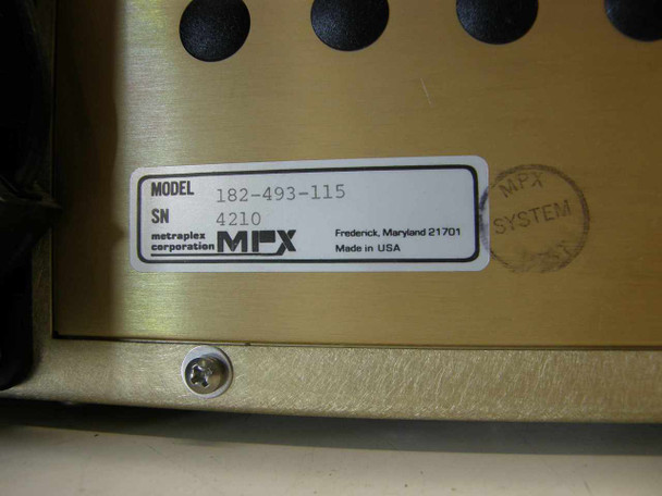 Metraplex Corporation MPX model label showing model 182-493-115, serial number 4210, Frederick Maryland USA, with MPX System stamp