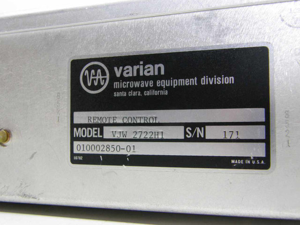 Varian VJW2722H1 rear label showing model VJW2722H1, P/N 010002850-01, S/N 171, Varian Microwave Equipment Division, Santa Clara California, Made in USA