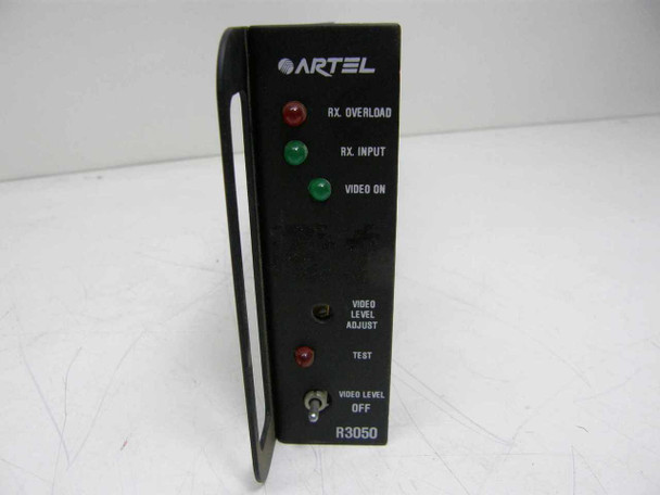 Artel R3050-840 module front panel close-up showing RX Overload, RX Input, Video On indicator LEDs, Video Level Adjust pot, Test LED, and Video Level Off switch