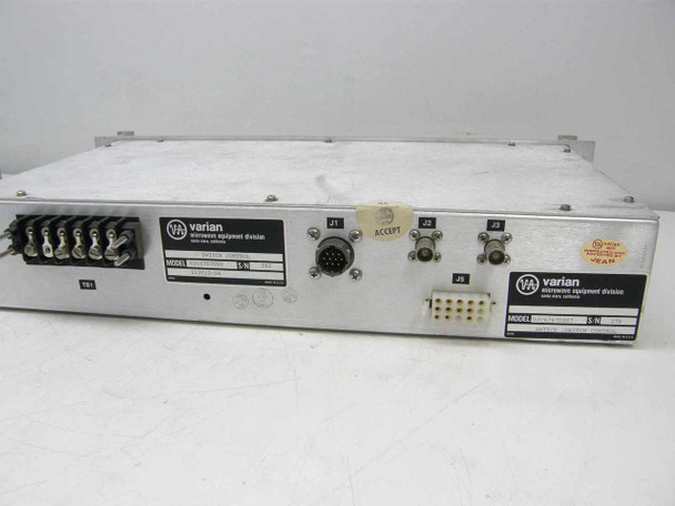 Varian VJC6767D8T7 VJC6767D5D Switch Control – rear panel showing TB1 terminal block, J1 circular multi-pin connector, J2 and J3 coaxial connectors, J5 header, and dual Varian labels