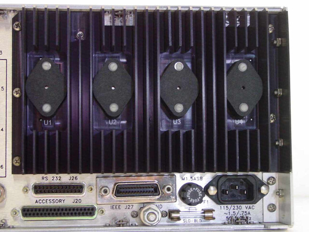 Microdyne 1400-MRA Telemetry Receiver rear panel right section showing four heat-sink mounted power modules U1-U4, RS-232 J26, ACCESSORY J20, IEEE J27 connectors, and 115/230 VAC power inlet with fuse