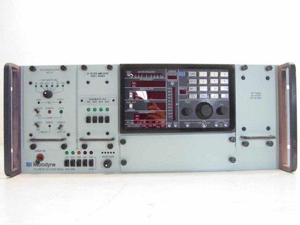 Microdyne 1400-MRA Telemetry Receiver full front panel straight-on view showing PM Demodulator 1451-D module, IF Filter Amplifier 1420 I Series, main receiver display, POWER ON switch, and LOC/REC/PBK/CAL/FRZ indicators