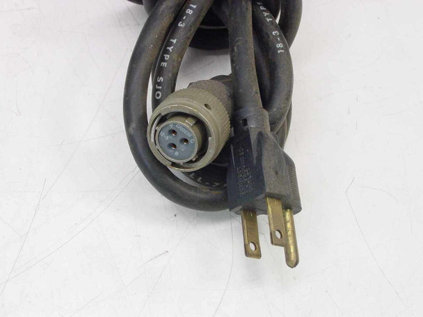 Avantek PS-110-004 included power cord showing circular 3-pin military-style connector and standard NEMA 5-15P AC plug