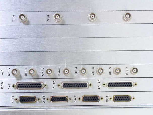 VME backplane I/O panel showing BNC analog input channels CH-0 through CH-7, TLM and STM BNC connectors, DIO D-sub connectors for 0-7, 8-15, 16-23, and four CH serial D-sub ports