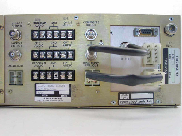 Scientific Atlanta 7500 Video Receiver – rear panel closeup showing Video 1, Video 2, Auxiliary outputs, Program Audio, Opt 1–3 Audio terminal blocks, Composite BB Out BNC, IF Input, RF Input, and IF Out connectors