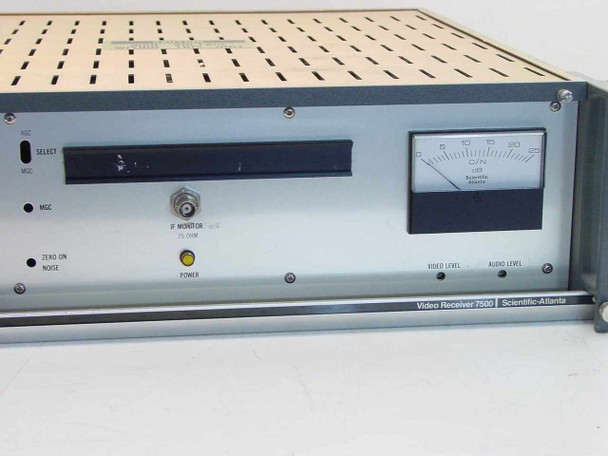 Scientific Atlanta 7500 Video Receiver – front panel closeup showing AGC/MGC select switch, IF MONITOR BNC, POWER LED, ZERO ON NOISE button, VIDEO LEVEL and AUDIO LEVEL labels, and Scientific-Atlanta Video Receiver 7500 nameplate