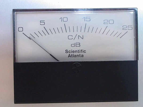 Scientific Atlanta 7500 Video Receiver – front panel analog C/N meter closeup showing 0–25 dB scale with C/N and dB markings and Scientific-Atlanta branding