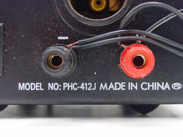 PHC-412J model number label close-up showing MODEL NO: PHC-412J MADE IN CHINA with black and red binding post outputs visible