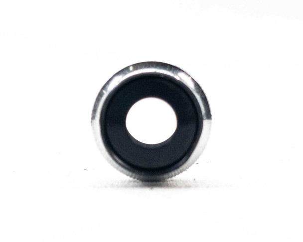 End-on view of Unitron eyepiece lens showing clear glass optic and silver-trimmed barrel