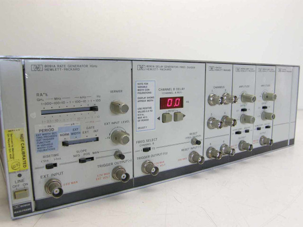 HP 8080A Mainframe front panel close-up showing 8091A Rate Generator and 8092A Delay Generator plug-in labels and controls