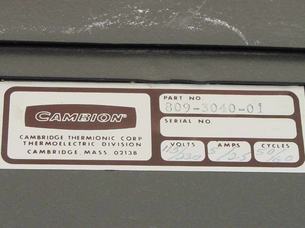 Cambion 809-3040-01 rating label showing Part No 809-3040-01, Cambridge Thermionic Corp Thermoelectric Division, 115/230V 5/2.5A 50/60Hz