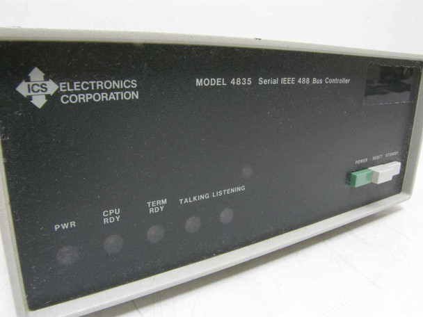 ICS Electronics 4835 front panel close-up showing Model 4835 Serial IEEE 488 Bus Controller label and indicator LED array