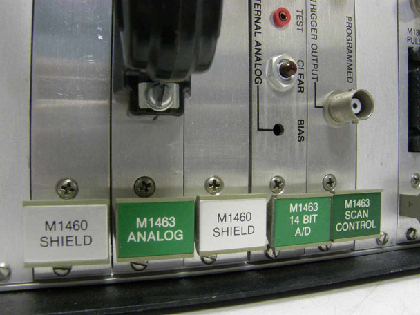EG&G PARC 1460 rear card slot close-up — module labels reading M1460 Shield, M1463 Analog, M1460 Shield, M1463 14-Bit A/D, and M1463 Scan Control