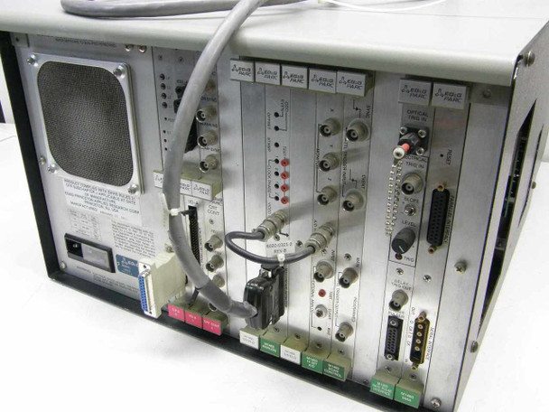 EG&G PARC 1460 rear panel wider view — full card cage showing multiple EG&G PARC modules, BNC connectors, DB connectors, and cabling