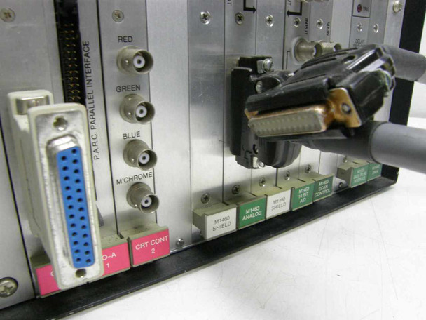 EG&G PARC 1460 rear close-up — PARC Parallel Interface DB-25 (blue), Red/Green/Blue/M'Chrome BNC video outputs, CRT CONT, M1462 and M1463 module labels, large DB connector with cable