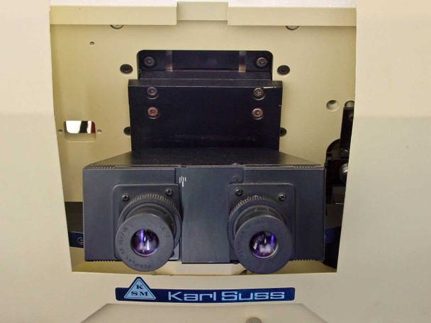 Karl Suss MA56 alignment microscope front-on view — dual eyepieces, objective lenses, Karl Suss badge