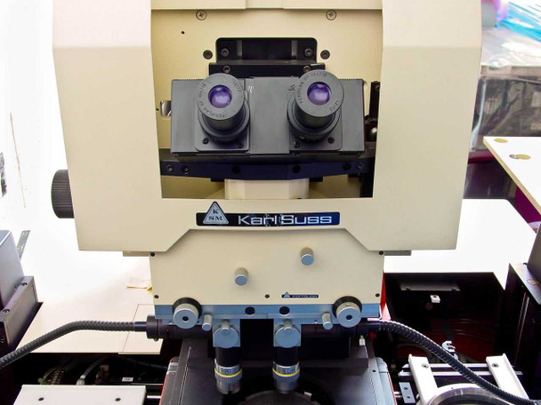 Karl Suss MA56 alignment microscope lower detail — dual objectives, pneumatic fittings, and fluid lines
