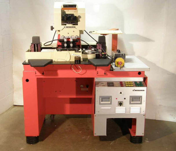 Karl Suss MA56 Mask Aligner full system view — red freestanding table with control console and alignment head