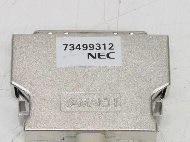 Close-up of Yamaichi connector housing on NEC 73499312 cable showing part number label and NEC branding