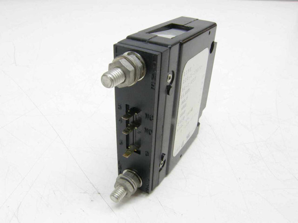Airpax 205-1-1REC2-52-1-203 circuit breaker side view showing stud terminals, auxiliary switch contacts labeled ML and MD, and mounting flanges