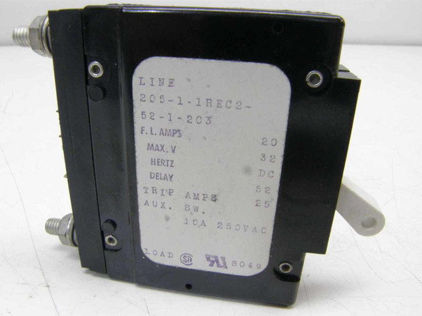 Airpax 205-1-1REC2-52-1-203 circuit breaker rear/bottom view with load stud terminal and UL SR listing mark visible on label