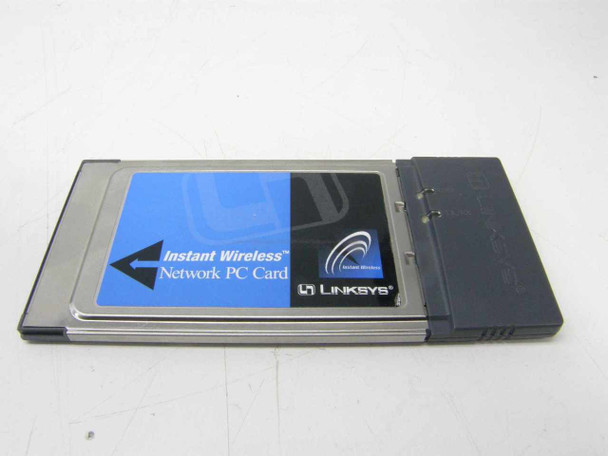 Linksys WPC11 Instant Wireless-B PCMCIA Network PC Card — front top view showing blue and black label with Linksys branding