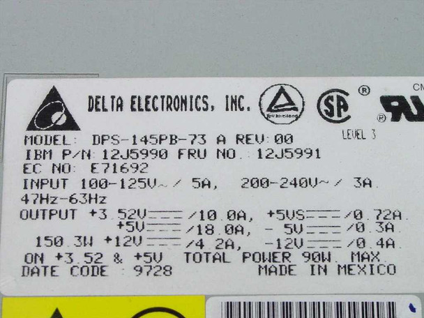 Delta Electronics DPS-145PB-73 label closeup showing IBM P/N 12J5990, FRU 12J5991, input 100-240V, output specs, and date code 9728