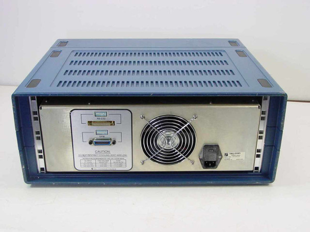 Tau-Tron SRX-1101 BERT Receiver – rear panel showing RS-232 and GPIB connectors, cooling fan, and IEC AC inlet