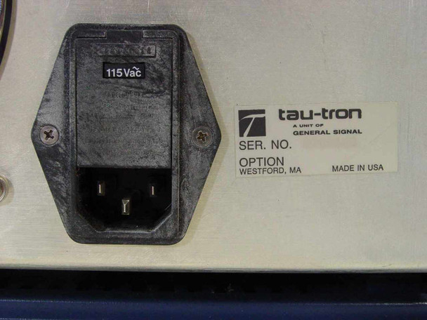 Tau-Tron General Signal label and IEC power inlet close-up – 115 VAC, Ser. No. field, Made in USA, Westford MA
