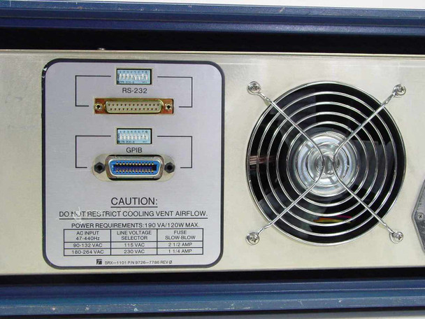 Tau-Tron SRX-1101 rear panel label close-up – RS-232 and GPIB connectors, power requirements plate: 90–132/180–264 VAC, 190 VA, fuse ratings