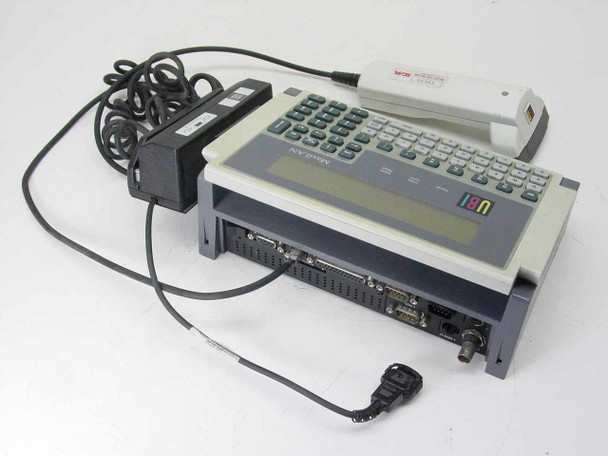 UBI MaxiLAN 1P barcode terminal right-side view showing rear port panel with serial, parallel, and Ethernet connections, and ScanPlus SP scanner