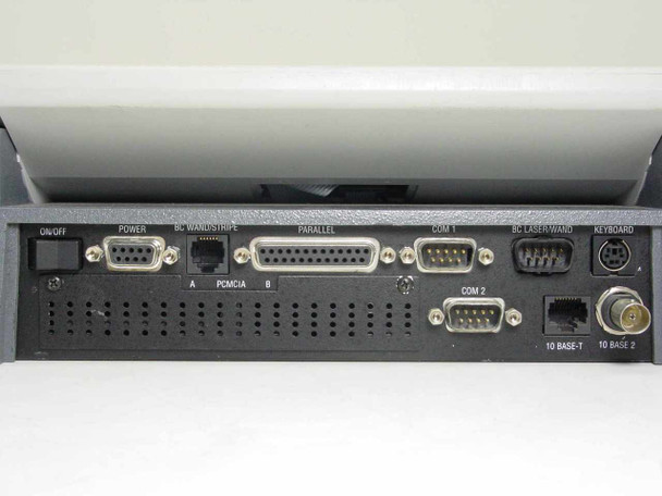 UBI MaxiLAN 1P rear panel showing ON/OFF switch, Power, BC Wand/Stripe, Parallel, COM 1, COM 2, BC Laser/Wand, Keyboard, 10BASE-T, and 10BASE-2 ports