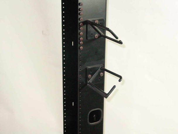 PFT open frame rack – side rail detail showing integrated cable management hooks and square mounting holes
