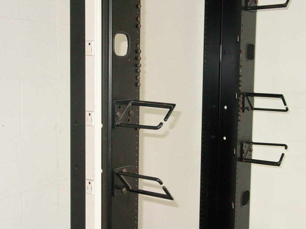 PFT 19 inch open frame rack – side-by-side view of both vertical rail columns with cable management hooks attached