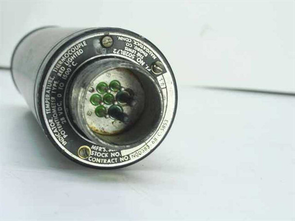 Lewis Engineering 502BL72 – rear/connector end showing 7-pin circular connector with green pins, label reading INDICATOR TEMPERATURE THERMOCOUPLE POTENTIOMETER TYPE RED LIGHTED 0 TO 1500°C, with Mfr stock and contract number markings