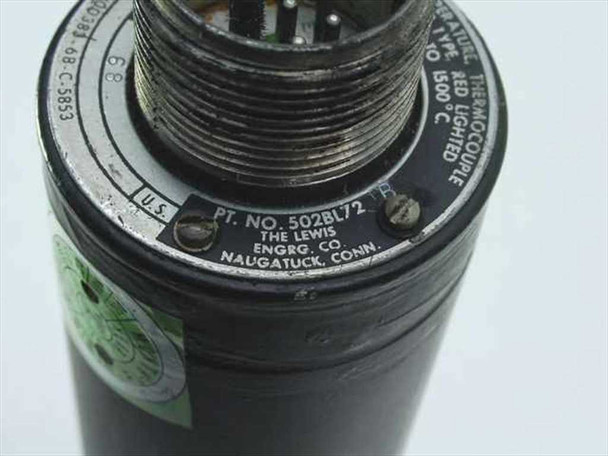 Lewis Engineering 502BL72 – close-up of rear label plate reading PT. NO. 502BL72, THE LEWIS ENGRG. CO., NAUGATUCK, CONN., U.S., with threaded mounting ring and 7-pin connector visible