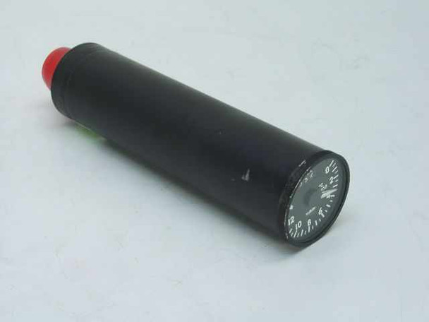 Lewis Engineering 502BL72 thermocouple indicator – side profile view showing cylindrical black housing with red-capped rear and circular dial face at front