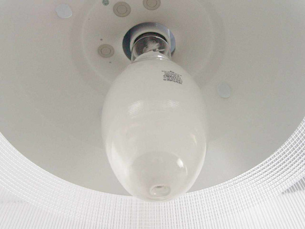 Interior upward view of Ruud IAR2640-2Y showing installed Venture 400W metal halide lamp in chrome socket mount inside prismatic reflector