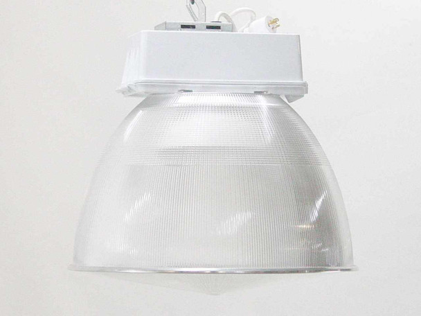 Ruud Lighting IAR2640-2Y HID high bay fixture — full front view showing 22-inch prismatic polycarbonate bell reflector and white ballast housing with power cord on top