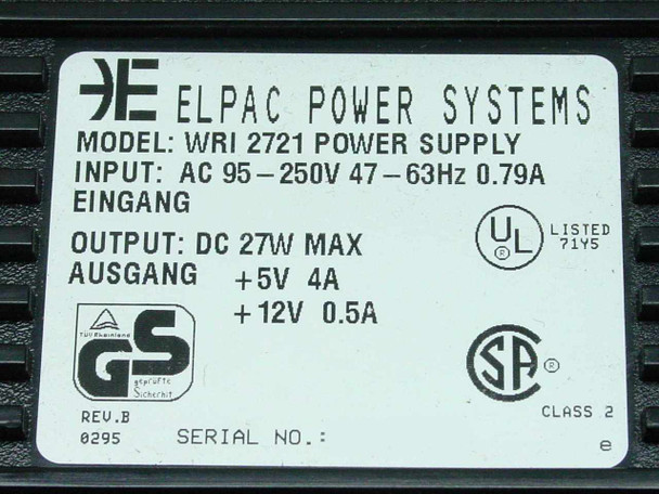 Elpac WRI 2721 power supply rating label showing model, AC 95-250V 47-63Hz 0.79A input, DC 27W max +5V 4A +12V 0.5A output, Rev B, date code 0295